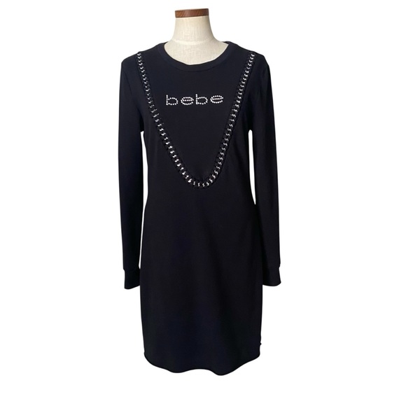 Bebe Crystal Rhinestone Logo Chain Embellished Black Dress SzM